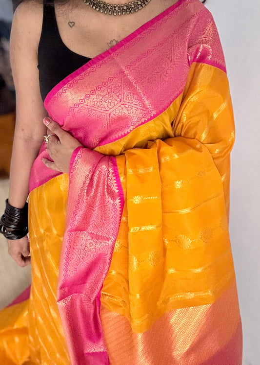 Suhani - yellow with hot pink, handloom korvai semi silk - YCCOTNFEJUKS03