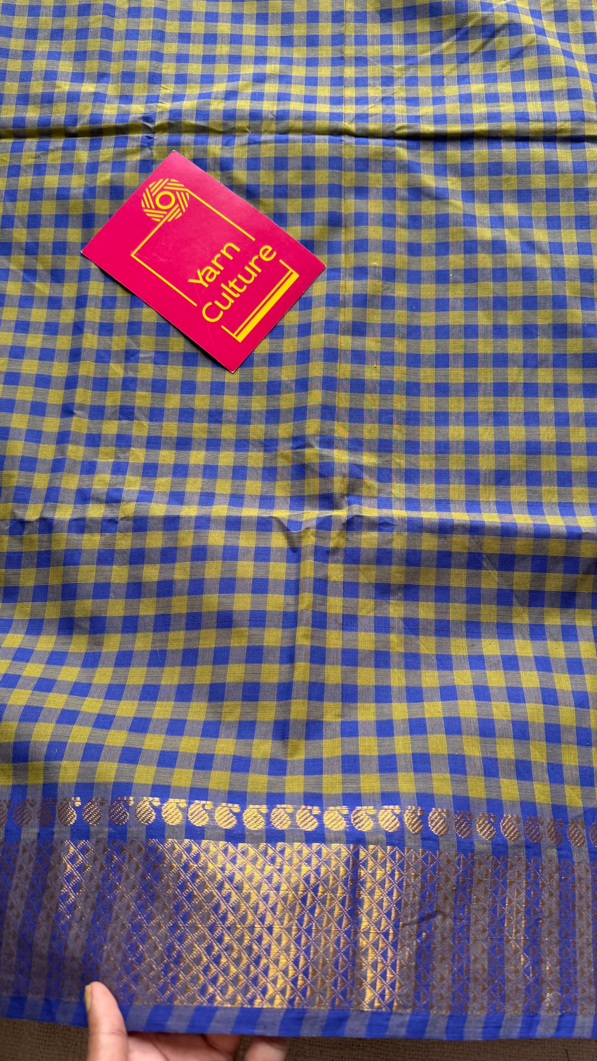 Chettinad cotton saree with green and blue checks, zari motif border - YCCOTNCKSE46