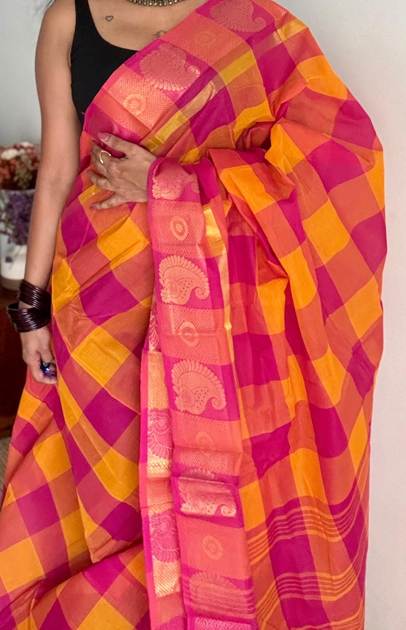 Chettinad cotton saree with yellow and pink checks, paisley motif border - YCCOTNAP66