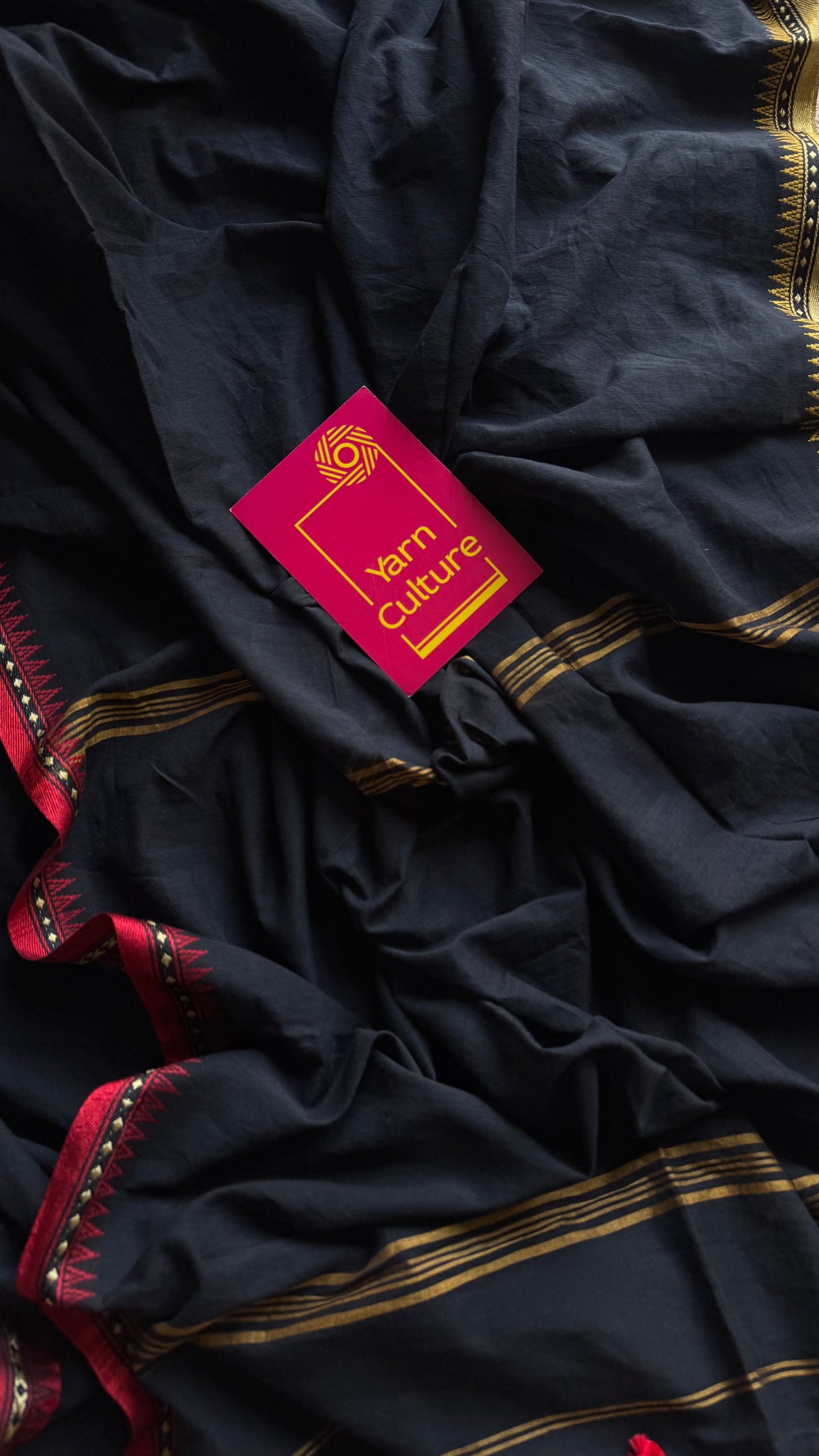 Handloom Bengal soft cotton saree, black with cream and red woven dual tone borders - YCBCMCSE42