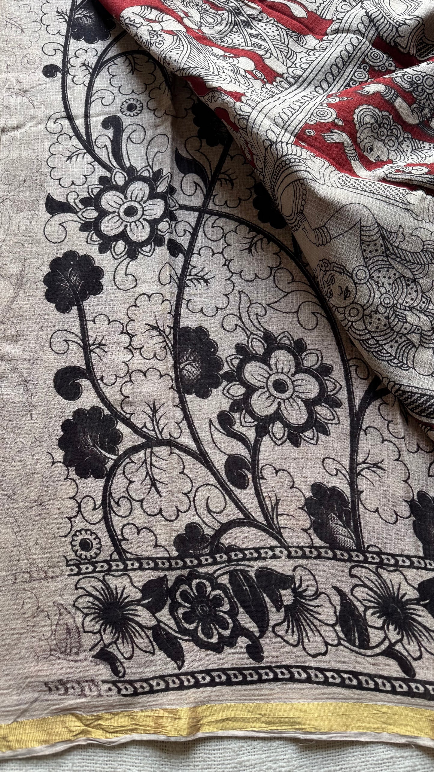 Red cream kalamkari saree in kota, with zari border - YCWOTDKKFE16