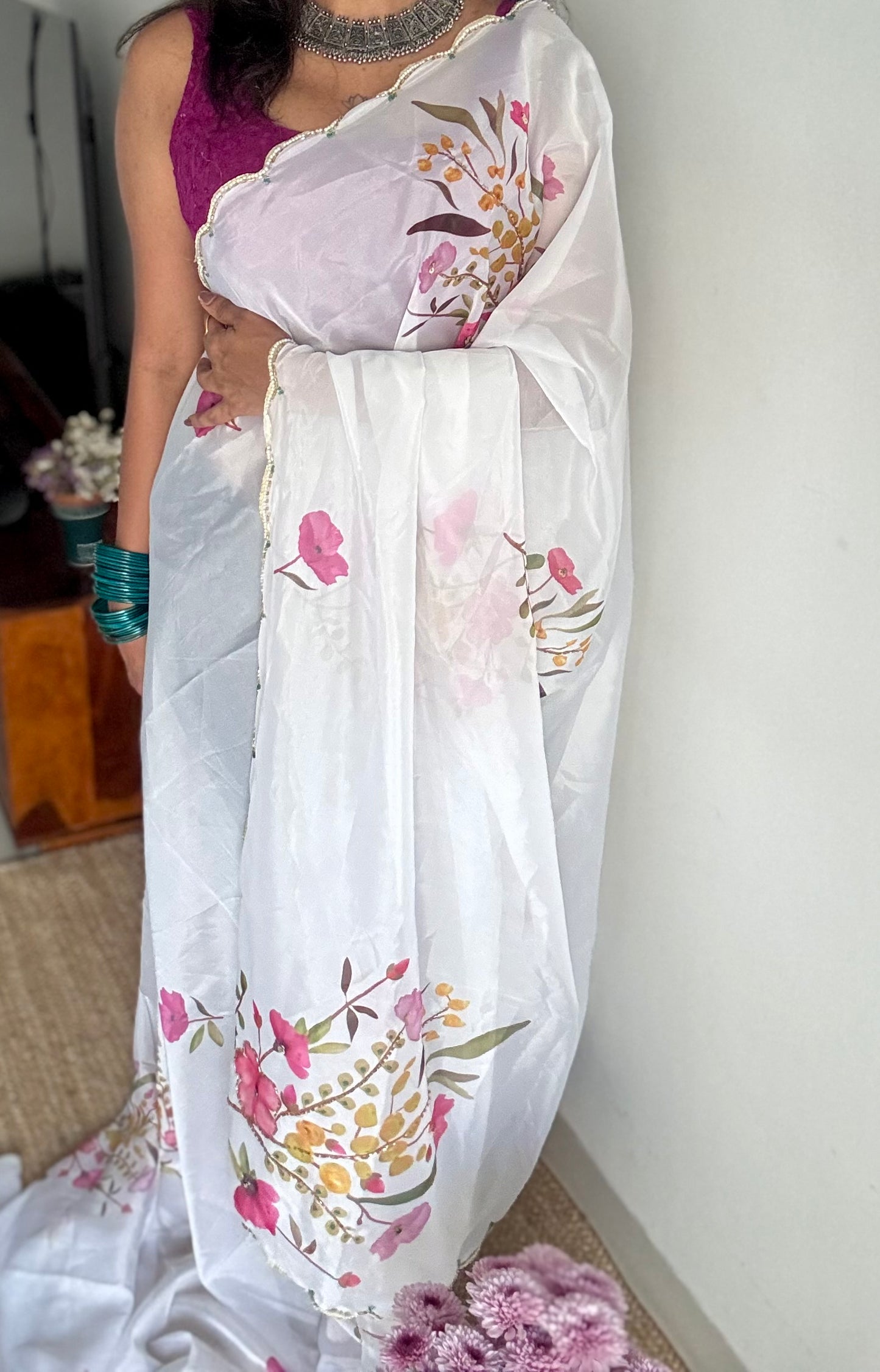 Snow Blossom - white floral handworked sequins work, tabby silk - YCDOSNO51