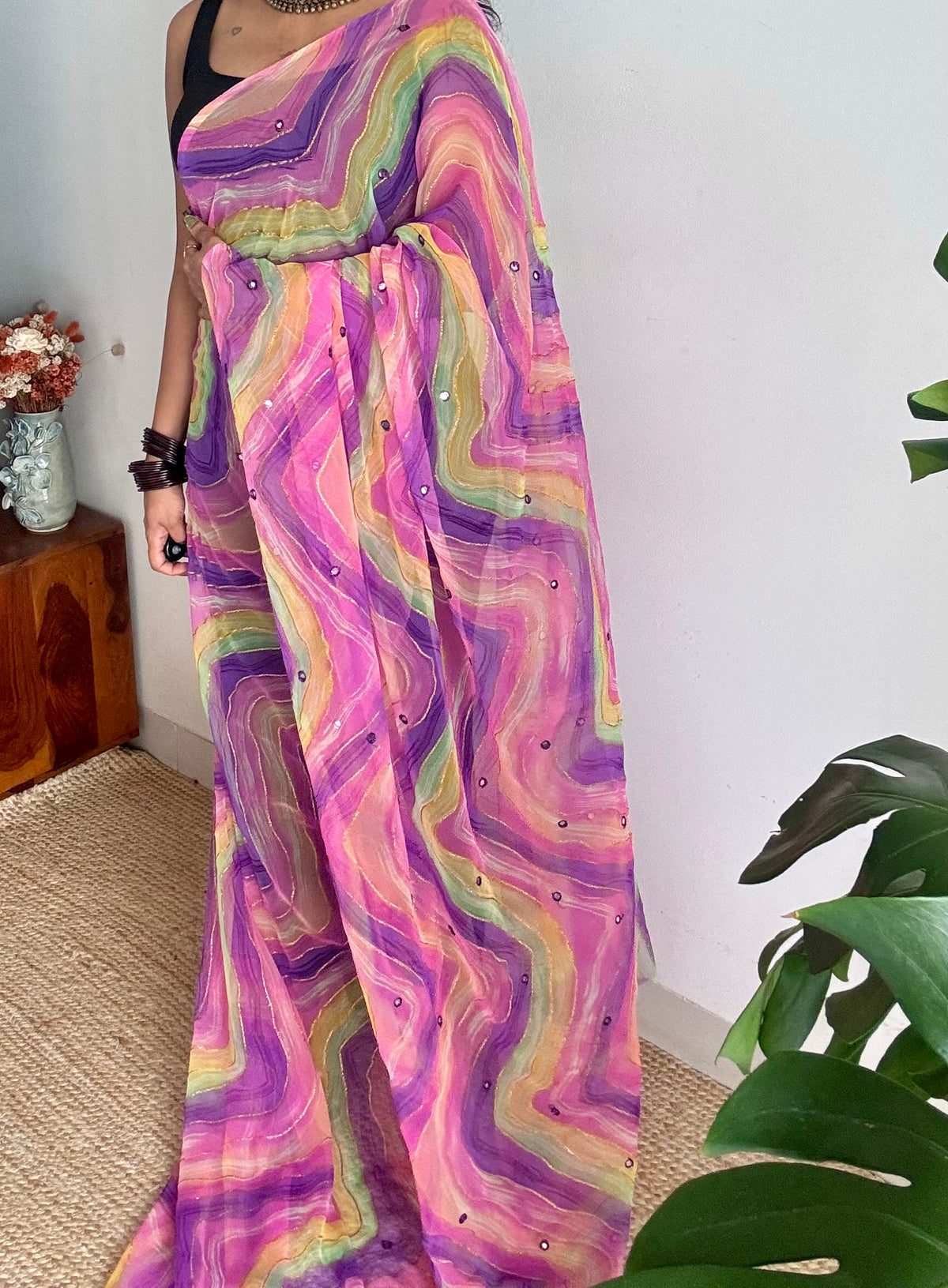 Purple pink multicoloured leheriya chiffon saree with mirror work  - YCTORLOC95