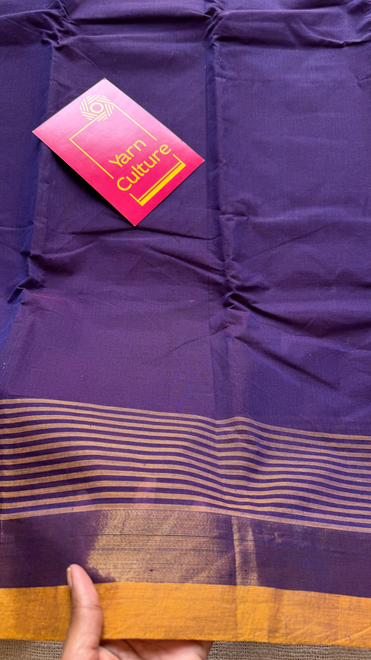 Violet and yellow Chettinad cotton saree with gold striped zari border - YCCOTNCCFE154