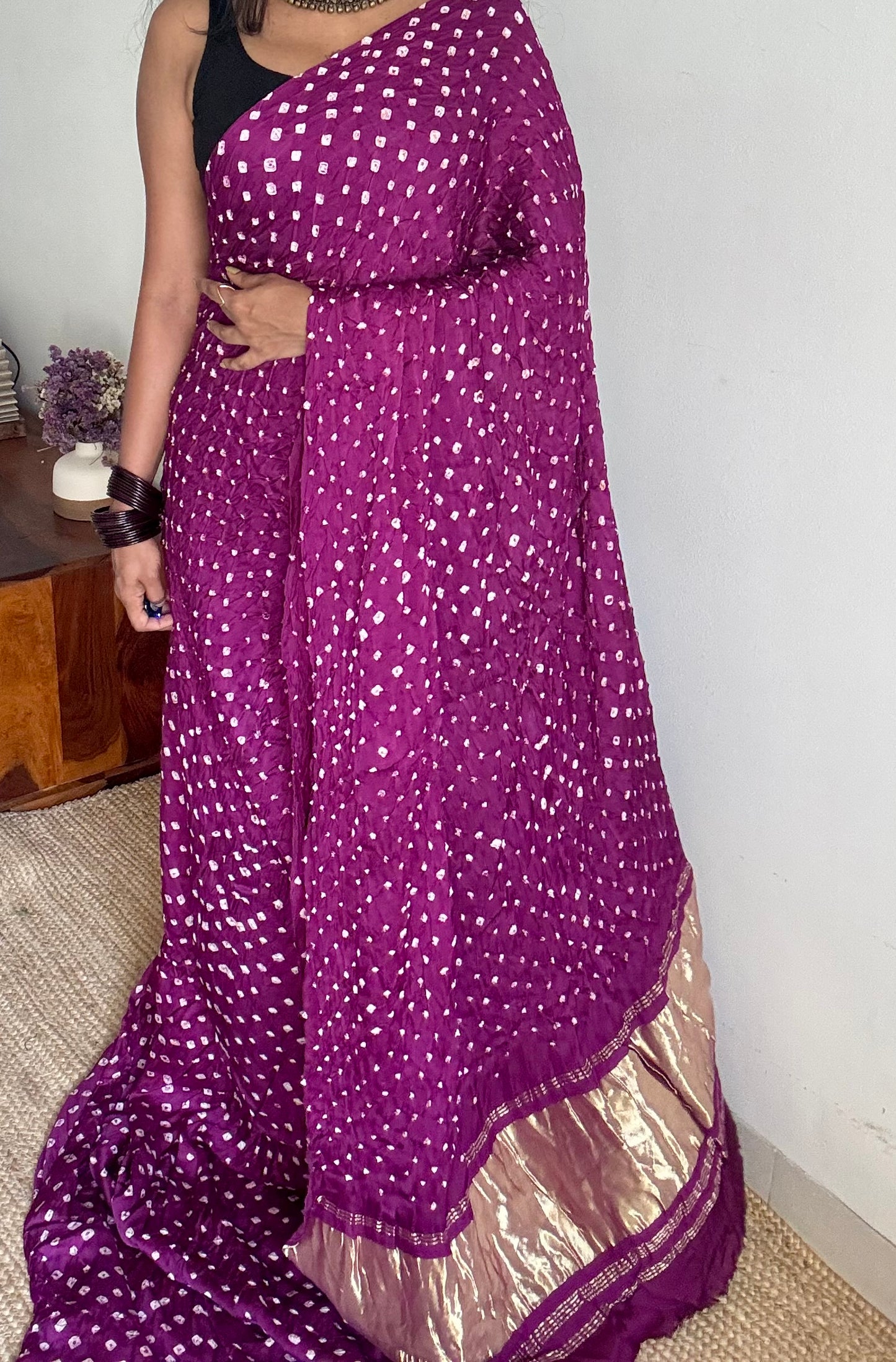 Purple pink (vadamalli) crushed bandhej pure modal silk saree with lagdi patta zari pallu - YCTOKBM329