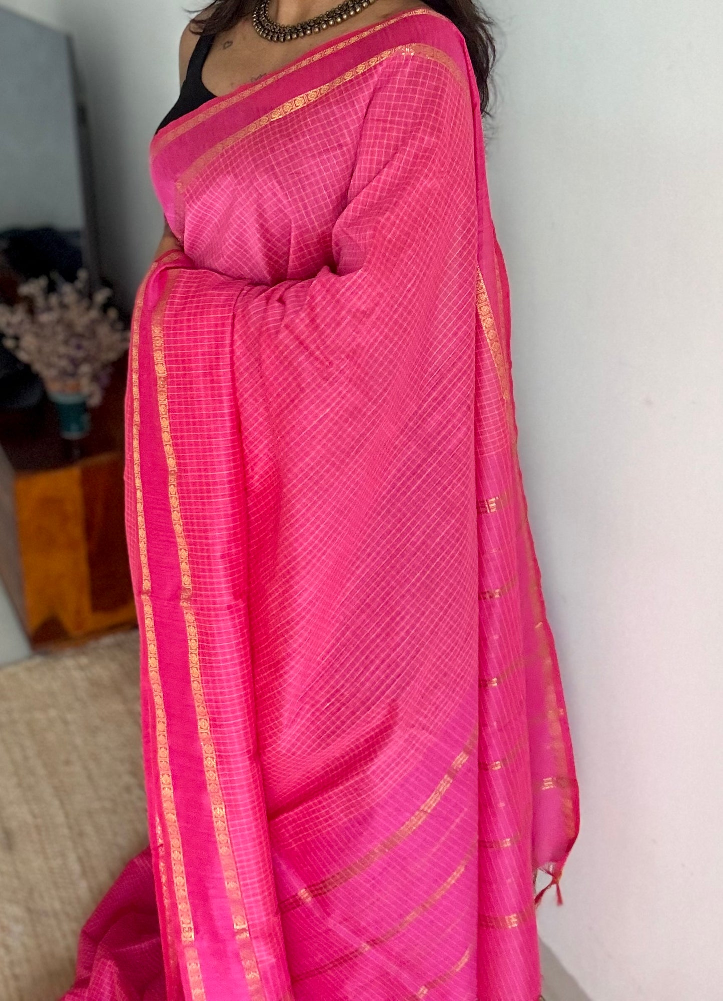 Hot pink, arani checks, cotton silk - YCCOTNOCAR08