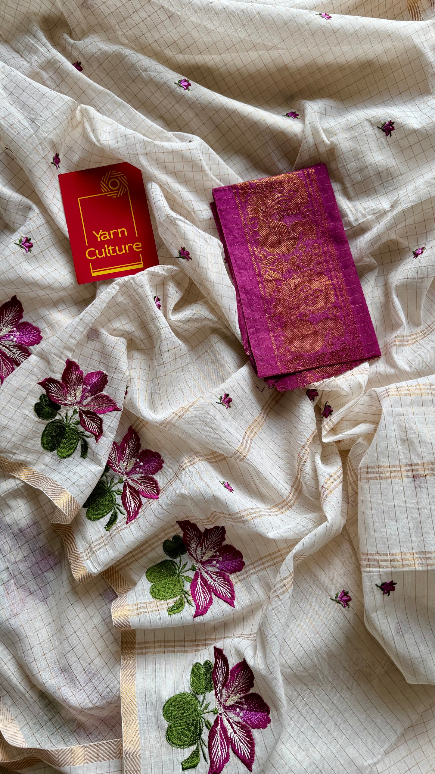 Sruthi : Mandaram - purple pink floral embroidery, ivory & gold, soft cotton in mini checks - YCIEON166