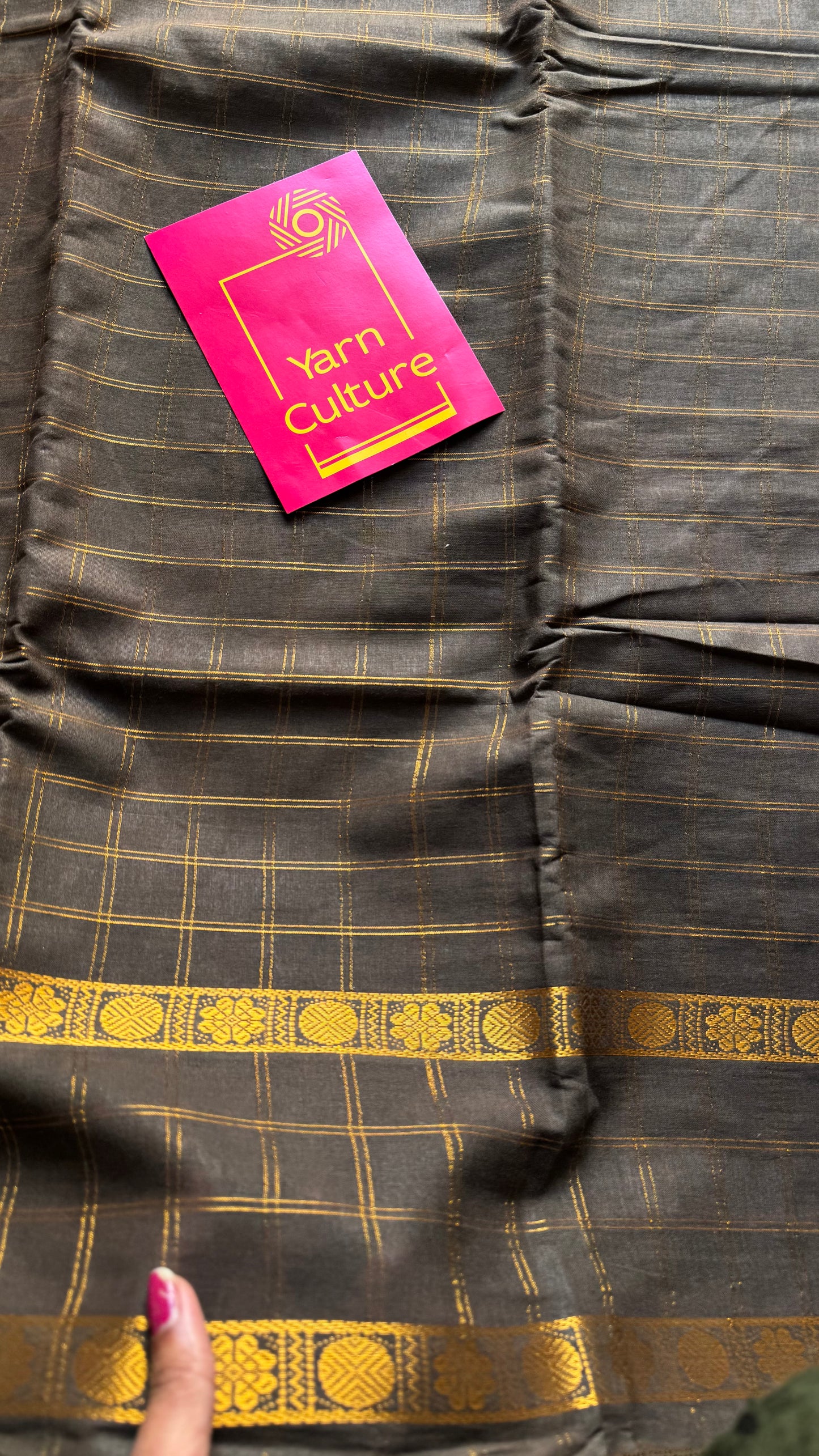 Khaki green adayar gold zari kattam, sungudi cotton - YCCOTNOCSC48