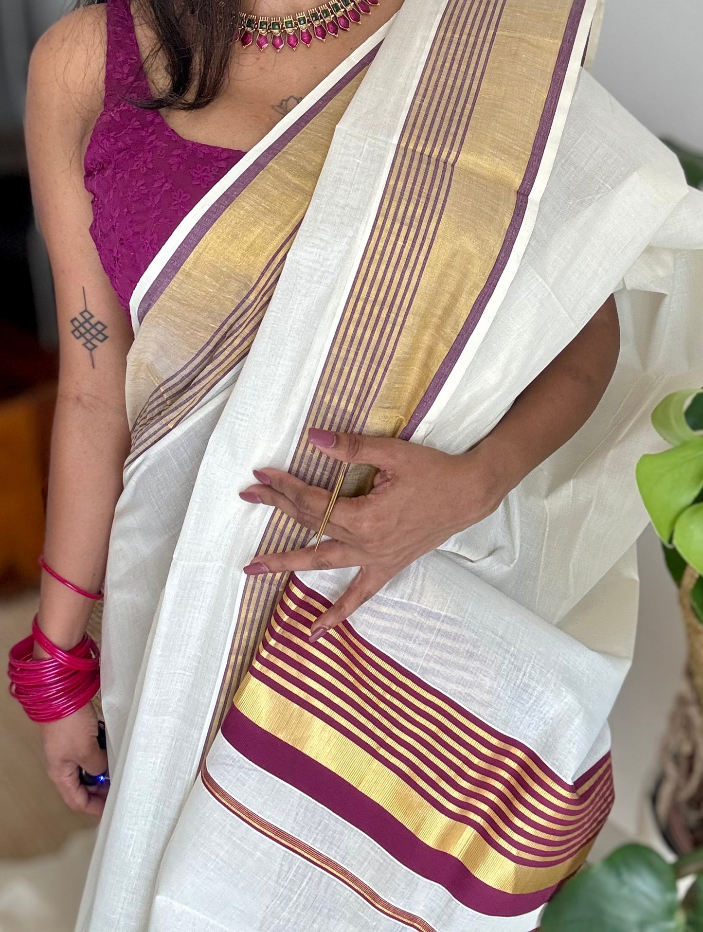 Ivory and gold soft cotton saree, purple border - YCIEON76