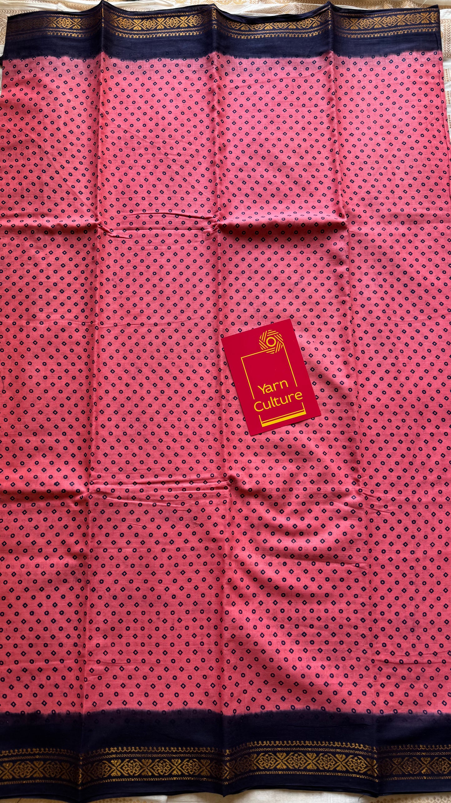 Peach pink with navy blue contrast, kattuchayam dyed madurai cotton saree - YCCOTNMA250