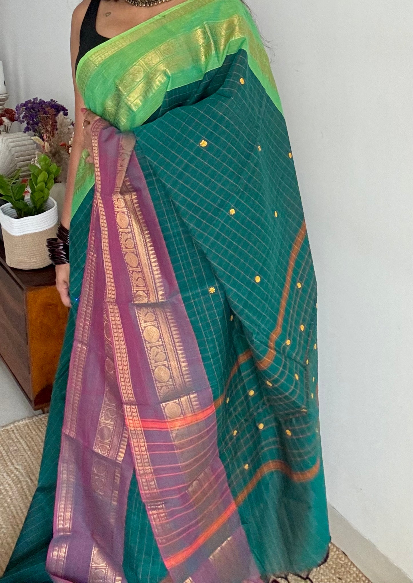 Kanchi cotton saree, green checks with wine and bright green dual toned border - YCCOTNAP76