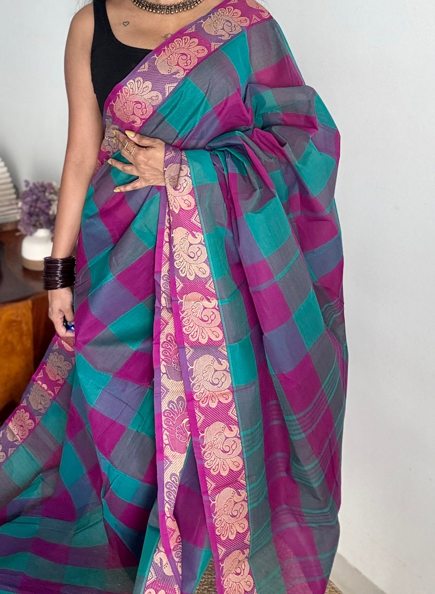 Chettinad cotton saree with magenta and cyan checks, peacock motif border - YCCOTNJUCC03