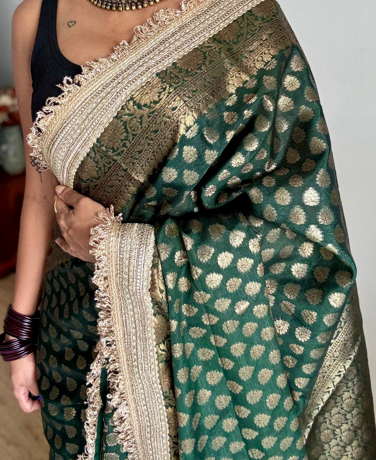 Dark green Banarasi semi-georgette saree with embellished lace border - YCBLTOC75