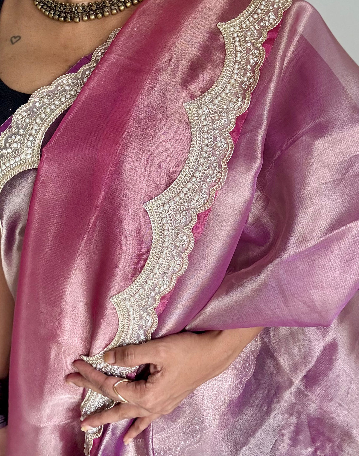 Pink and purple tissue Banarasi saree with embellished pearl lace border - YCBLTOC74