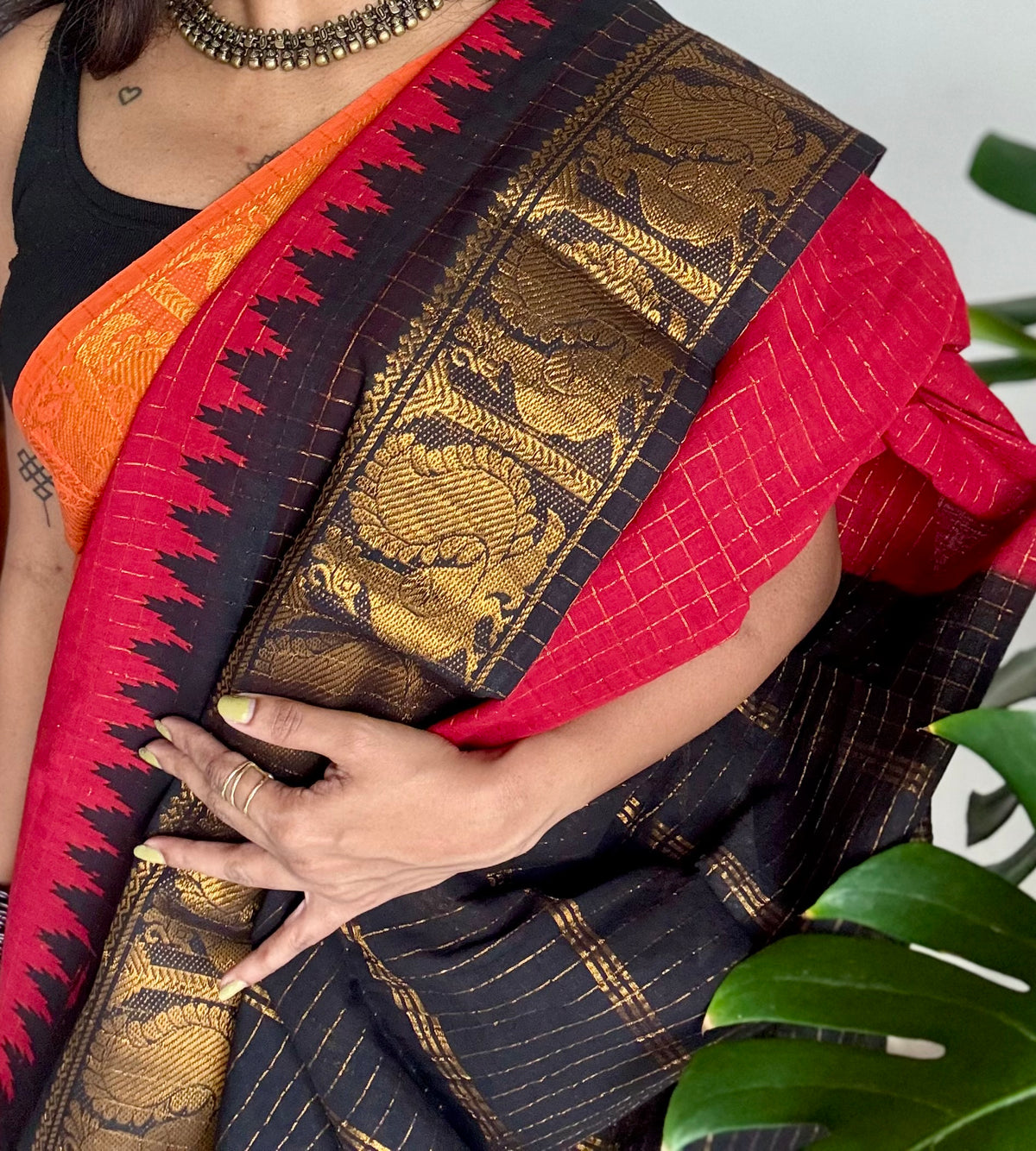 Sungudi cotton checks, red base, orange and black dual tone border, soft cotton - YCCOTNMSSE11