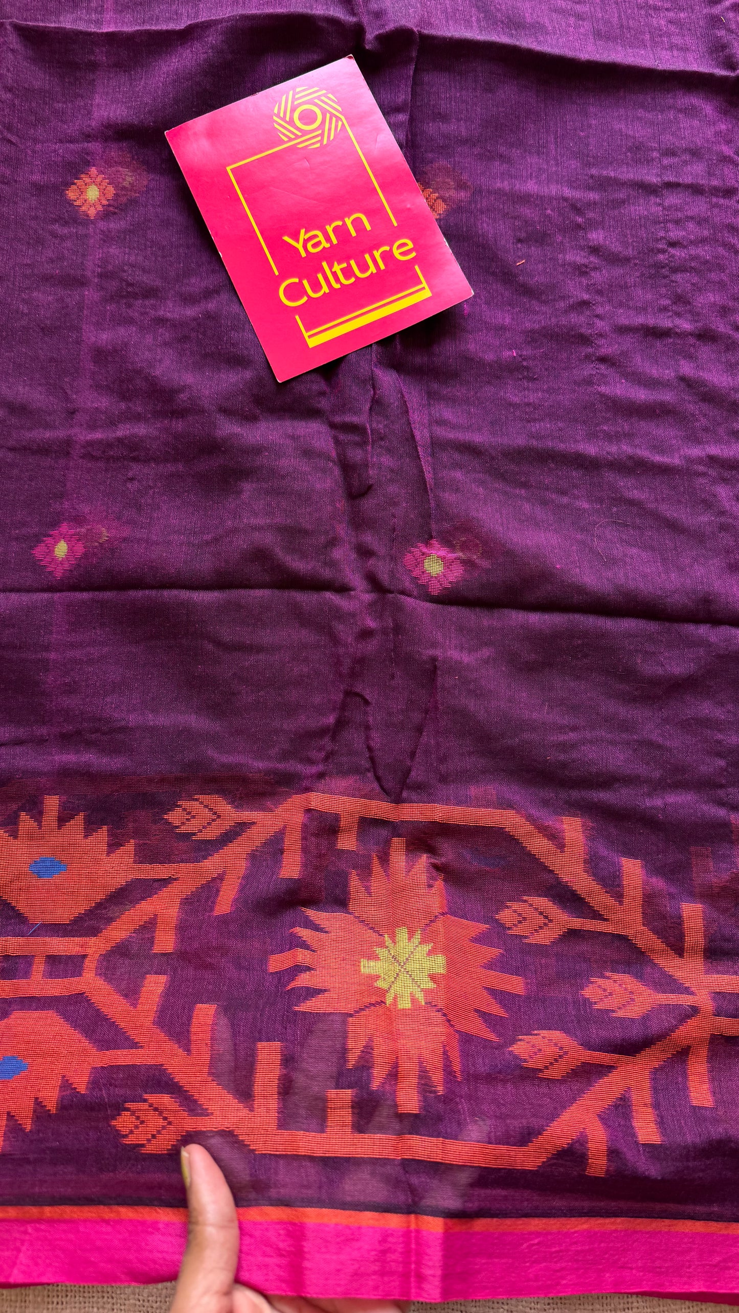 Purple with pink and orange jamdani saree in mul cotton - YCBCJDFE384