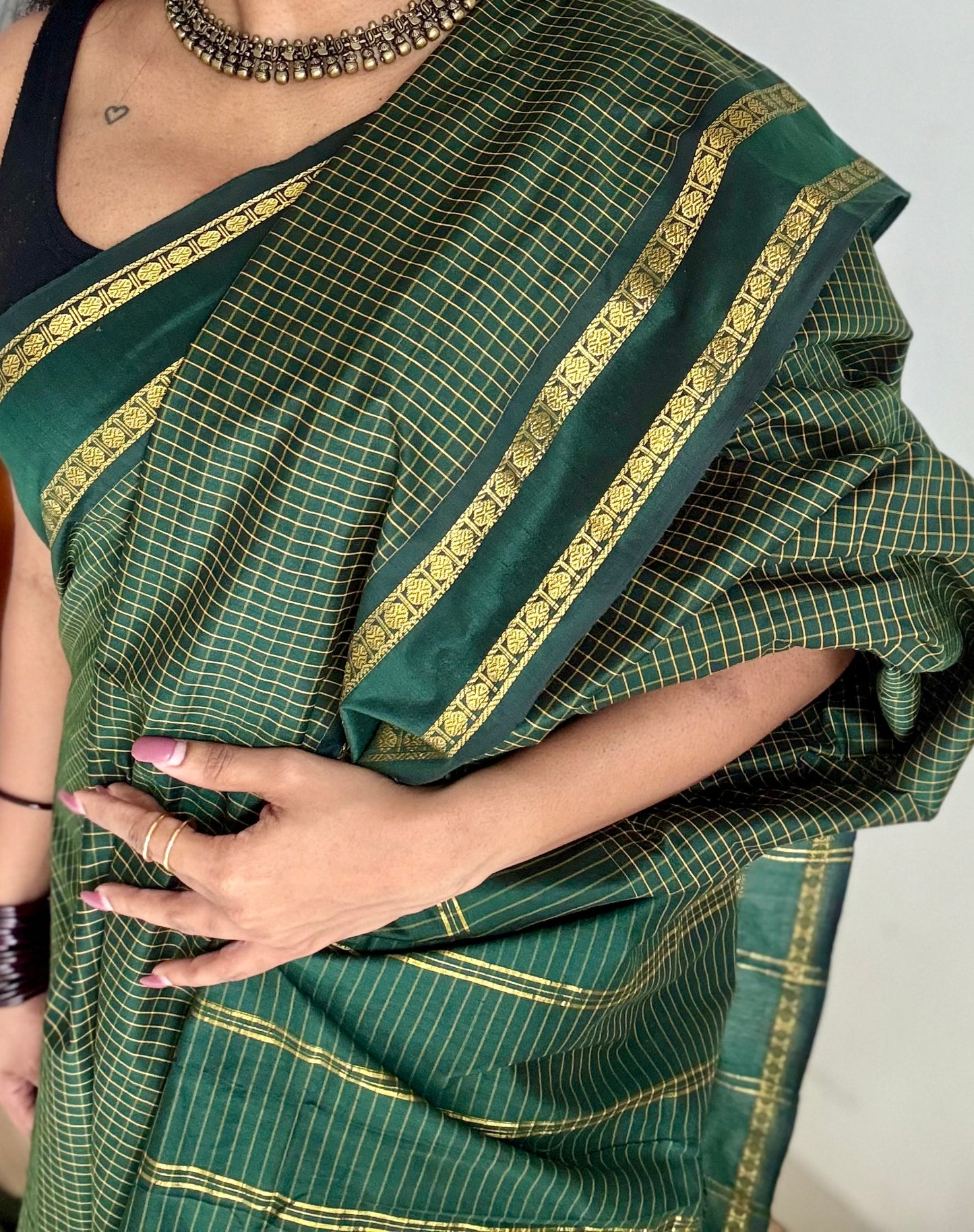 Dark green, arani checks saree, cotton silk - YCCOTNAUG18