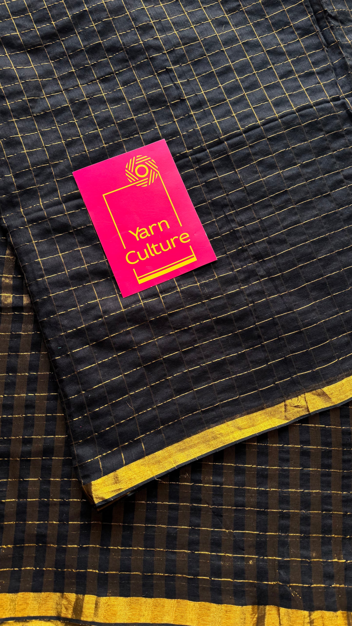 Black mul with gold checks and zari border - YCBCMCDE20