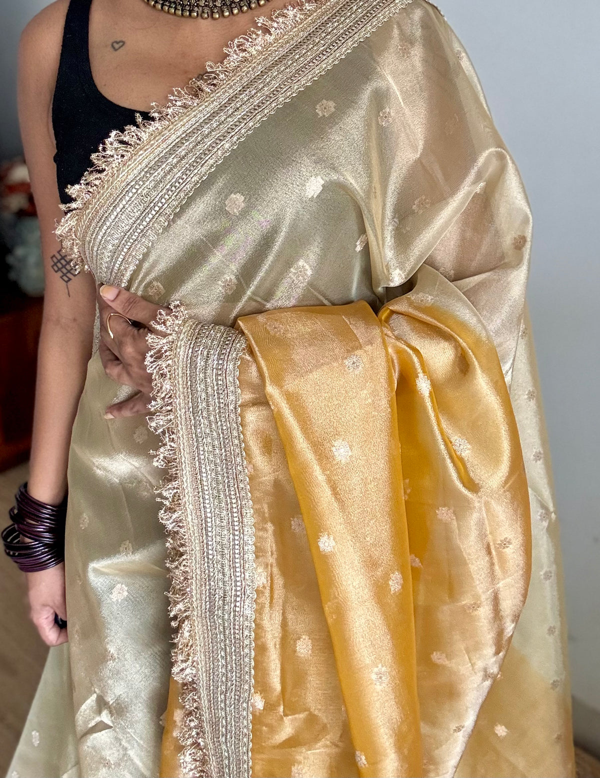 Light gold and dark gold Banarasi tissue saree, with buttas and embellished lace border - YCBLTOC65