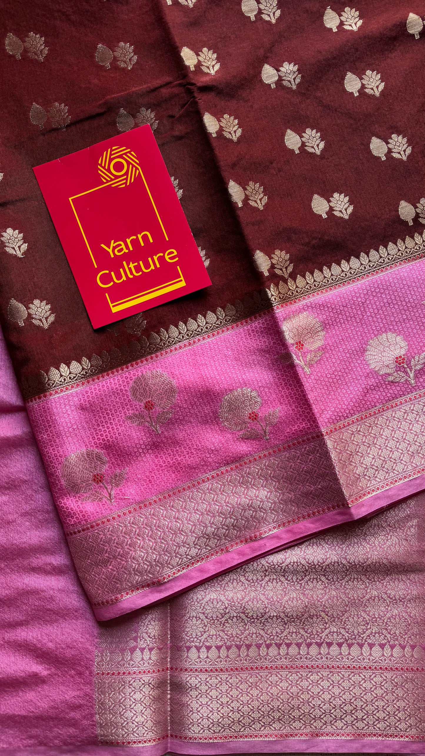 Coffee brown with pink border, semi dupion silk - YCBLSSJA23