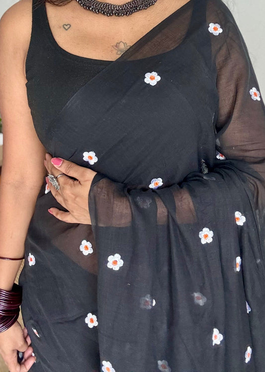 Black floral embroidered mul cotton saree  - YCBCMCAP41