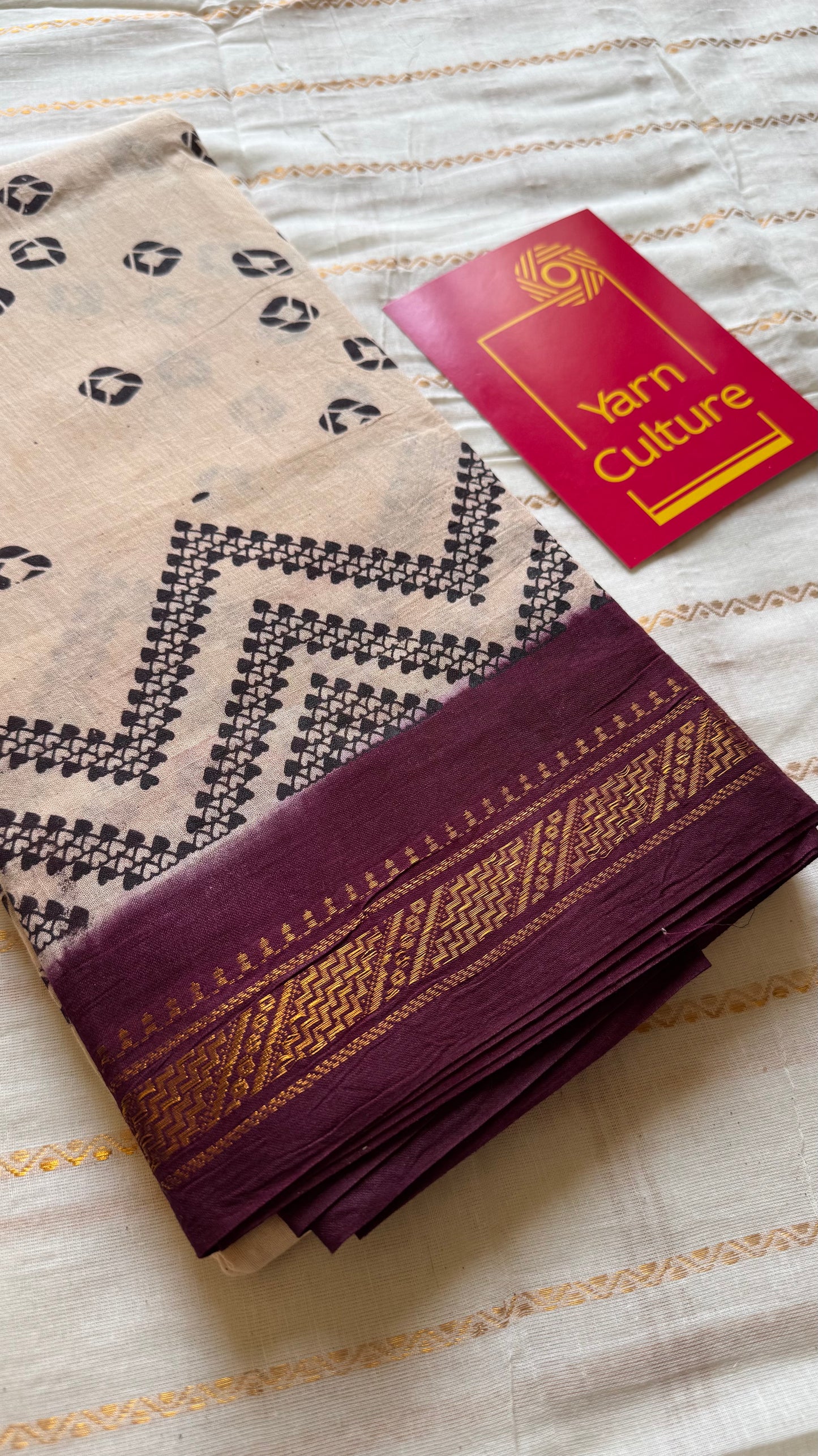 Ivory with maroon contrast, kattuchayam dyed madurai cotton saree - YCCOTNMA239