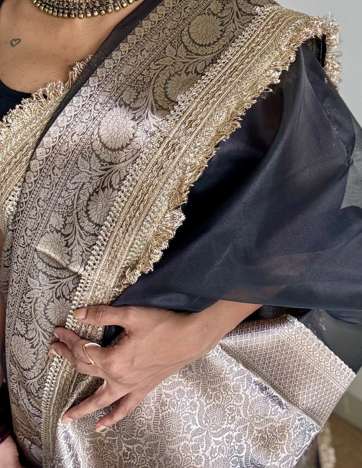 Black tissue Banarasi saree with embellished gold lace border - YCBLTOC81