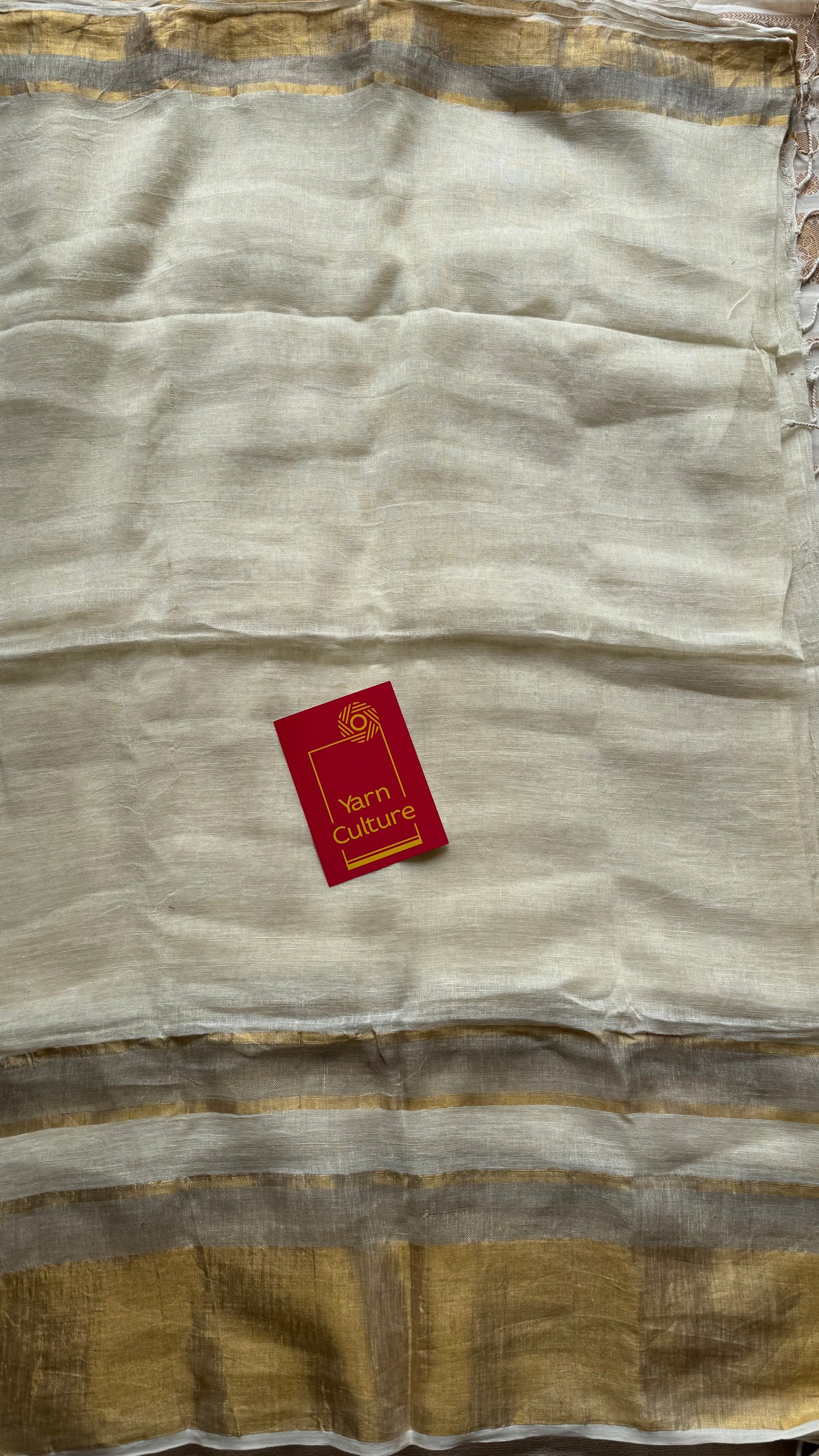 Pure ivory linen, gold and silver zari border - YCIEON27