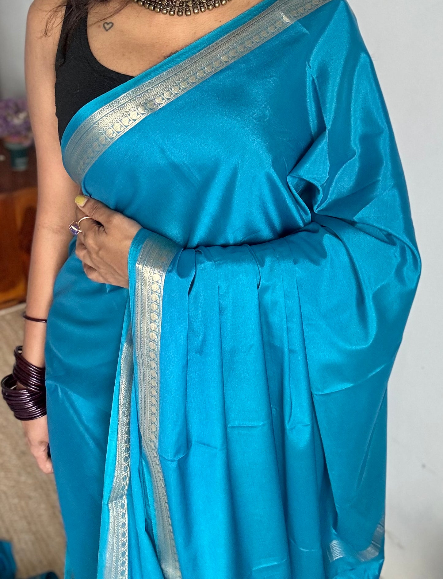 Aqua blue Mysore semi crepe silk saree - YCLOKFE237