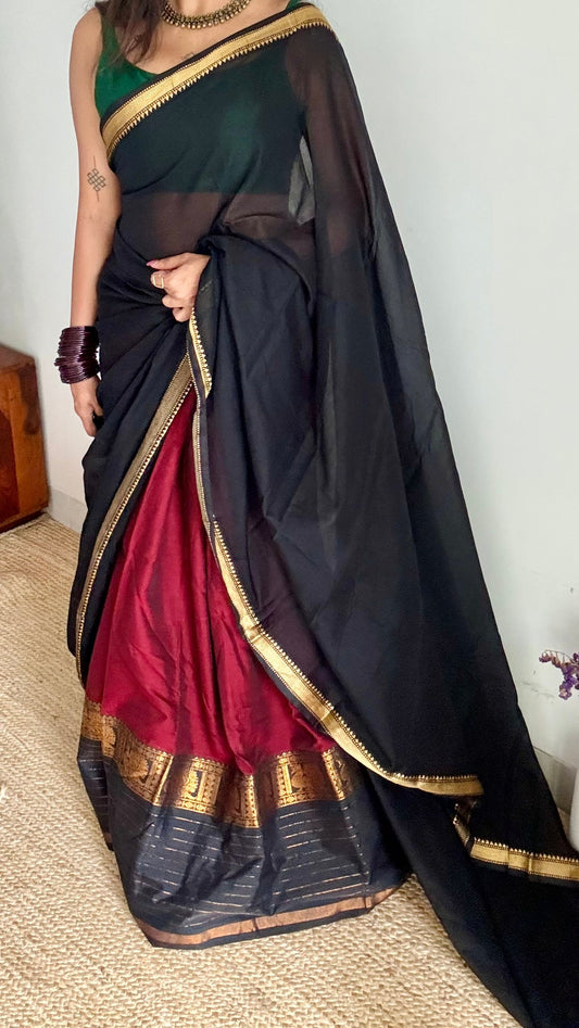 Maroon - Black unstitched half saree material (dhavani), narayanpet cotton - YCIEHS221