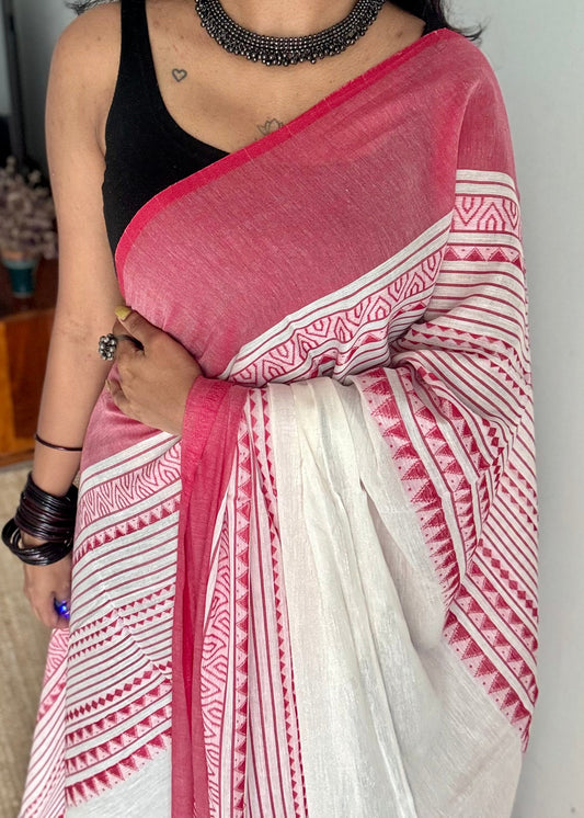 Pure Dhaniakhali tant in white with red patterened border - YCBCDP22