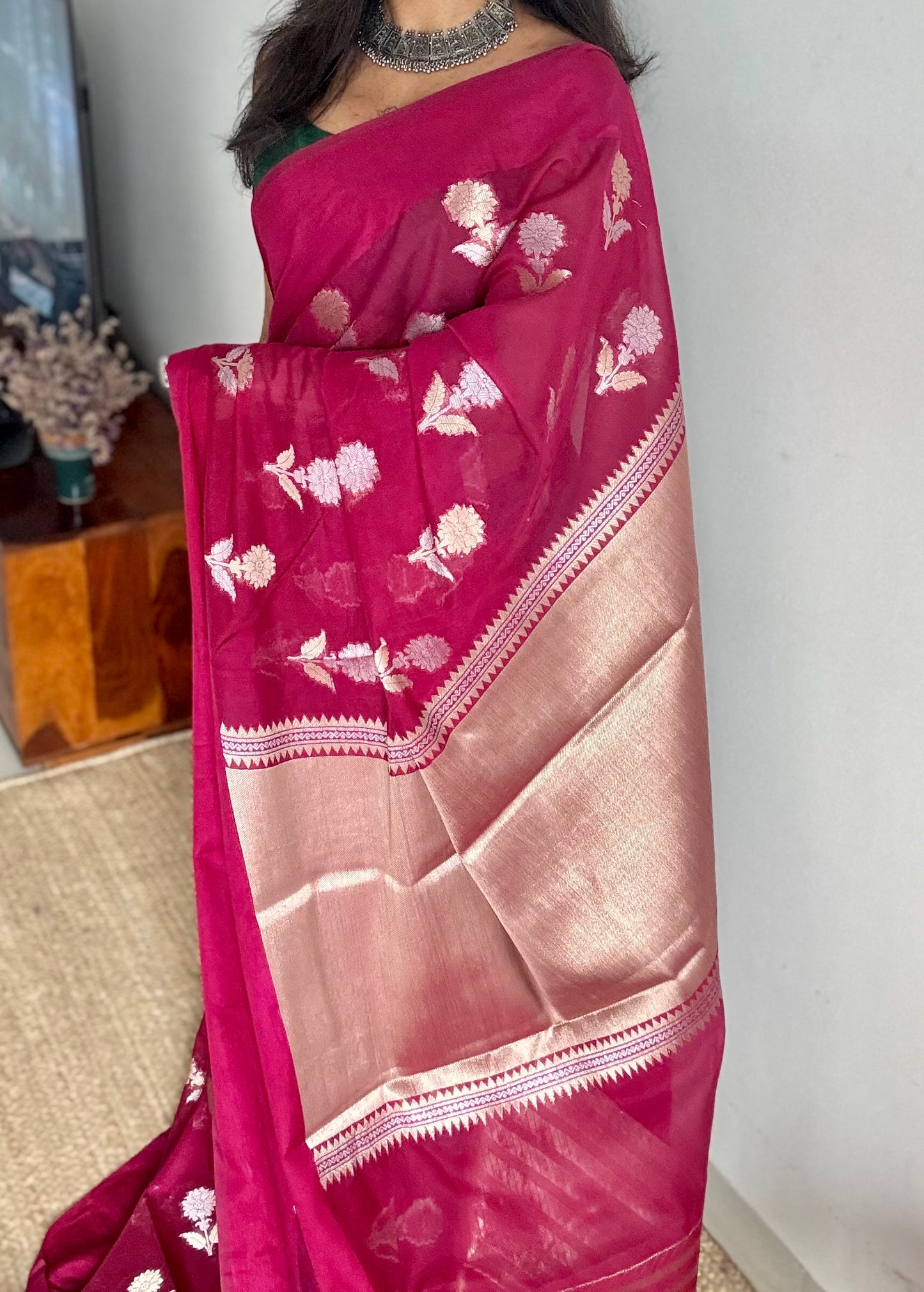 Ruby with gold and silver floral buttas, Banarasi semi-crepe silk - YCDESE52