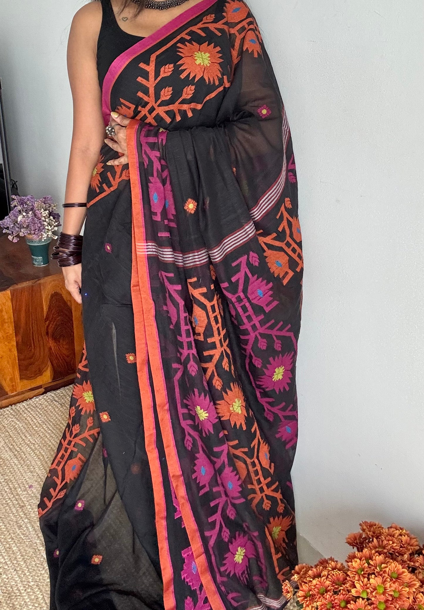 Black with pink and orange jamdani saree in mul cotton - YCBCJDFE382