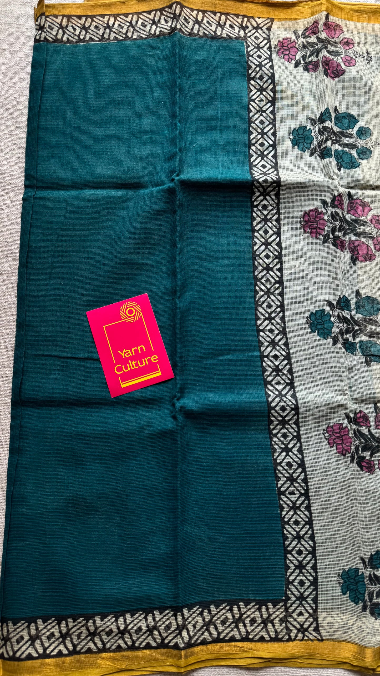 Teal Tadka - teal blue with yellow kota doria saree, with gold zari border - YCTORKDAP11