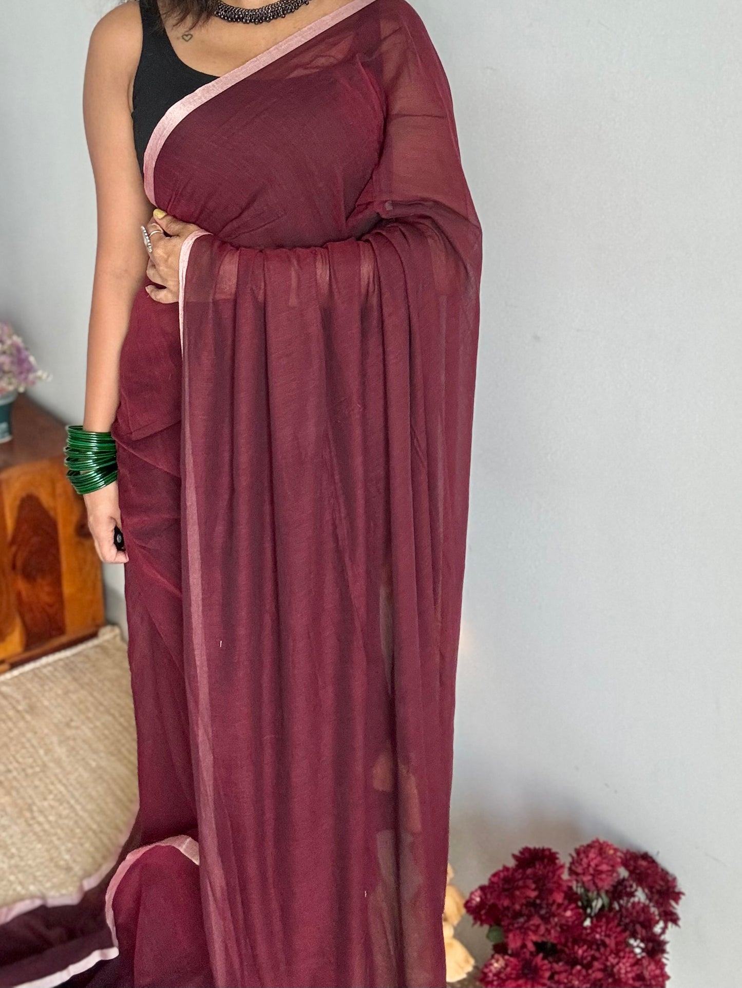 Dark brown with cream border mul cotton saree - YCBCMCFE231