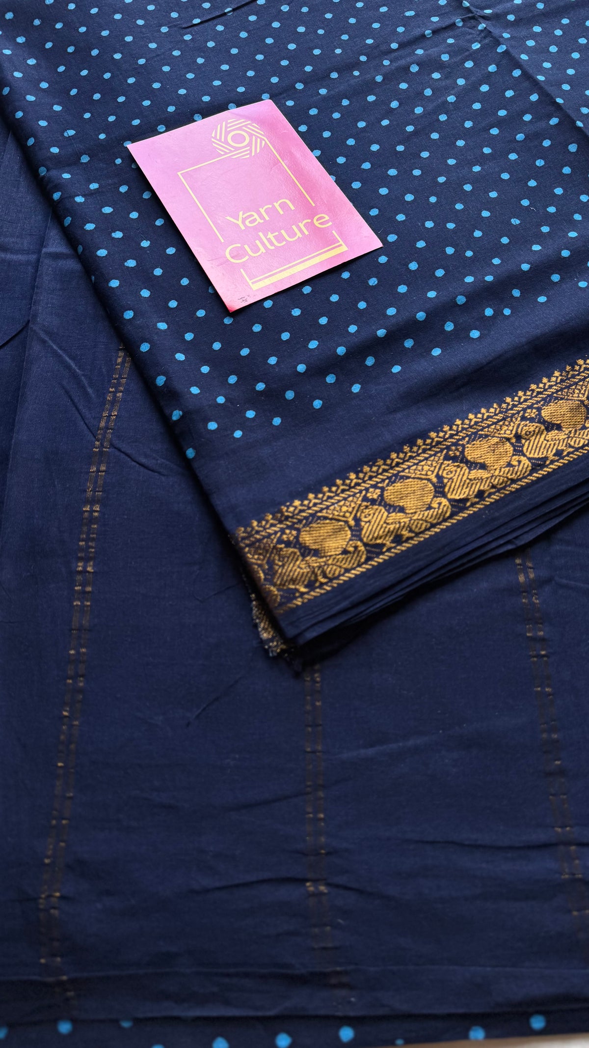 Dark blue sungudi dotted, single-side border, kattuchayam dyed madurai cotton saree - YCCOTNMSSE08