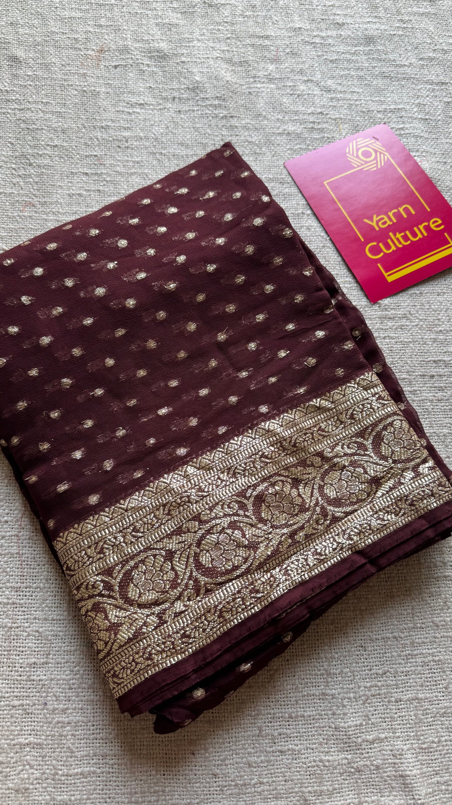 Brown viscose georgette saree with zari motifs - YCDOSFE207