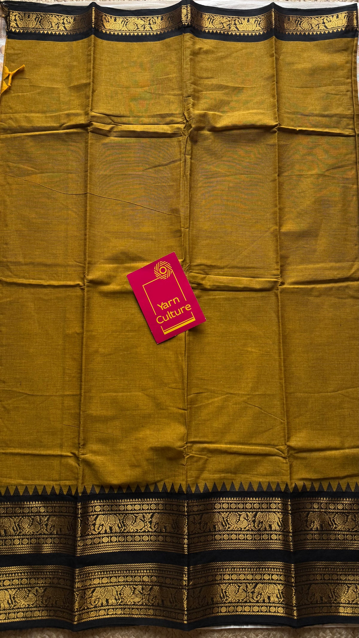 Ginger yellow with black long zari border, kanchi cotton saree - YCCOTNCCOC114