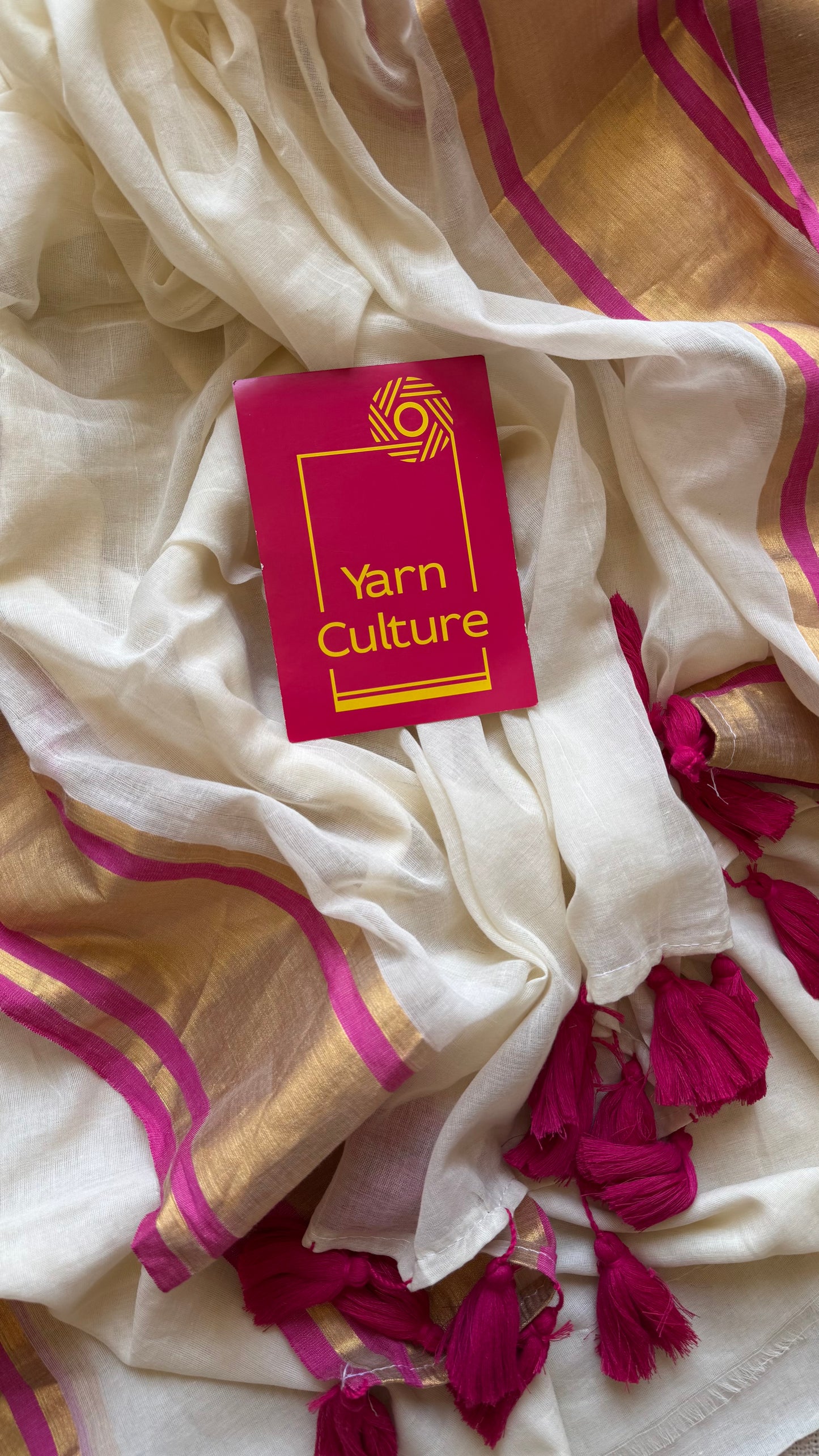 Ivory mul saree with gold zari border with hot pink highlights - YCIEBCFE326