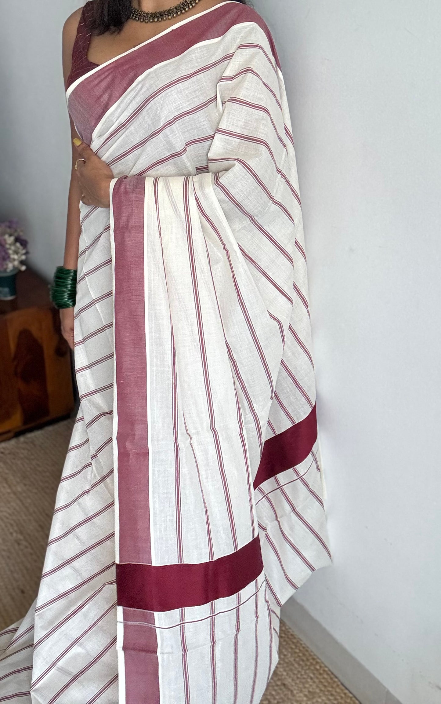 Ivory Kerala cotton saree with maroon stripes and border - YCIEKCFE324
