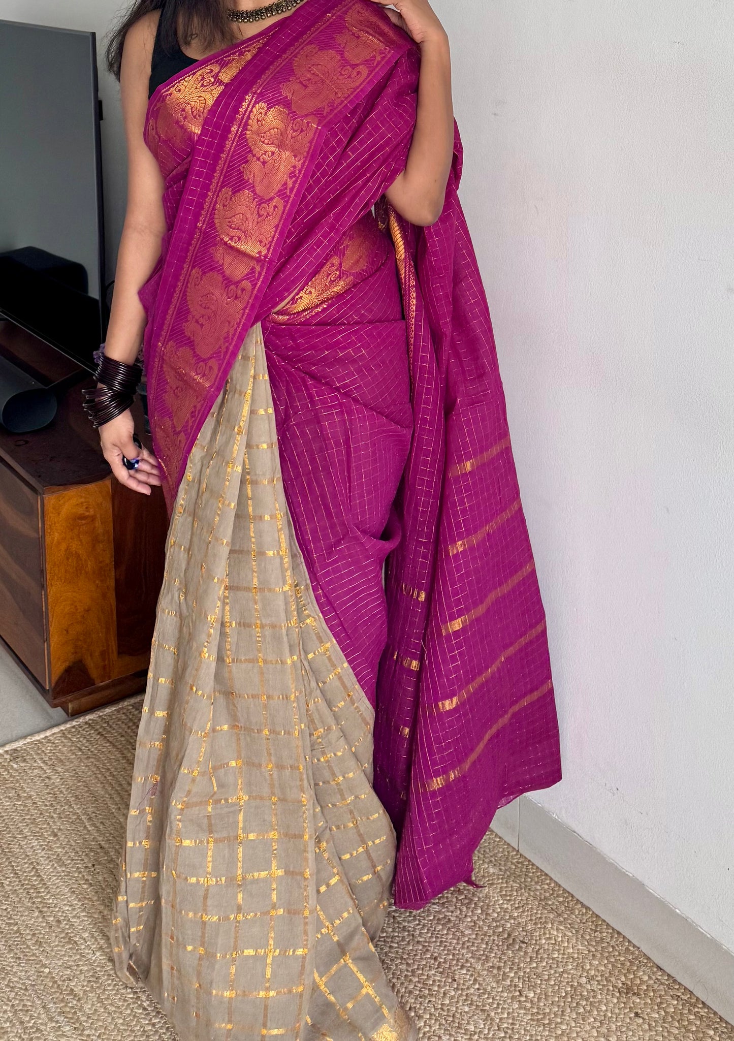 Magenta with warm grey, sungudi cotton half-half saree - YCCOTNMSFE345