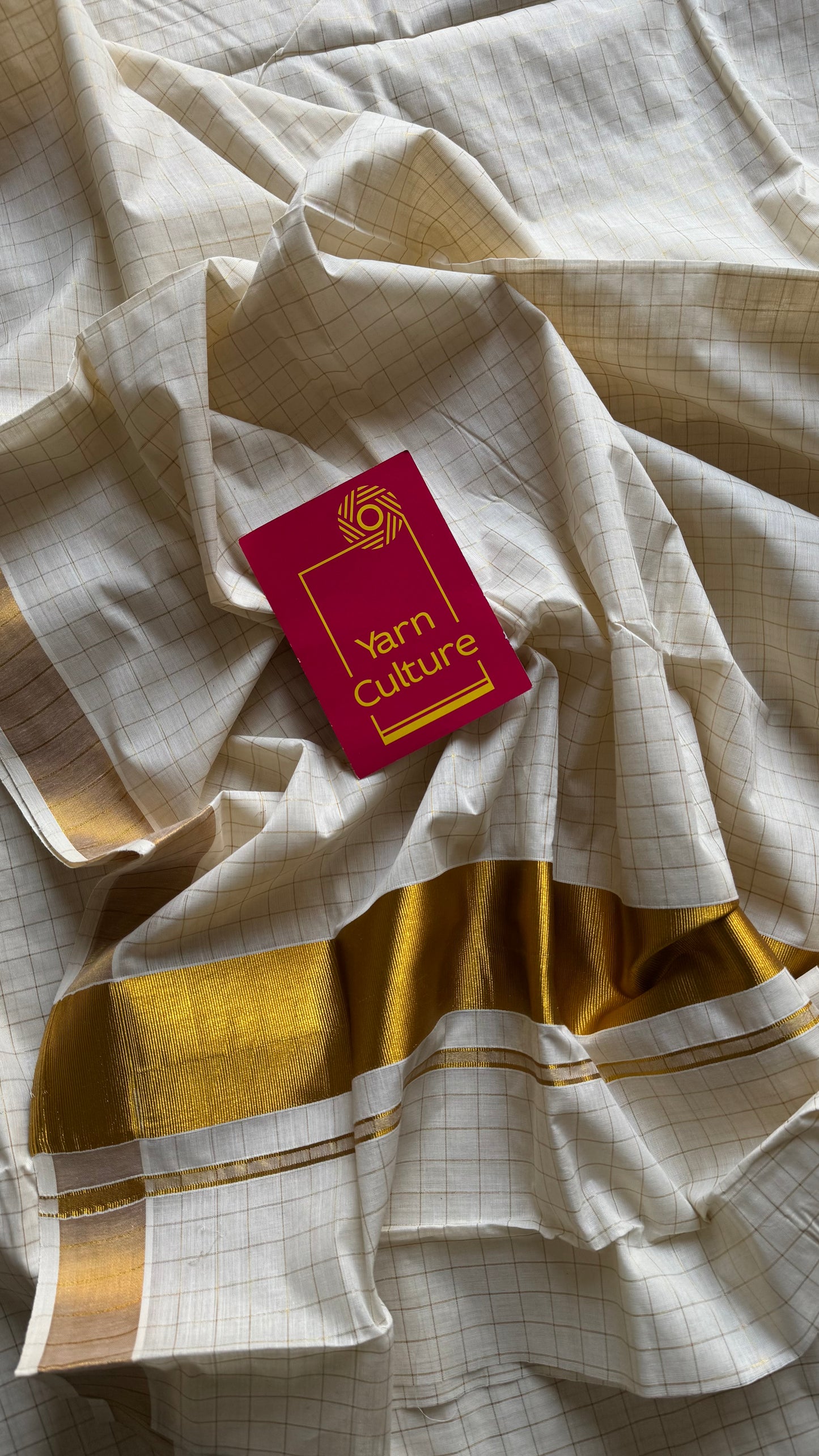 Ivory Kerala cotton saree with gold checks - YCIEKCFE318