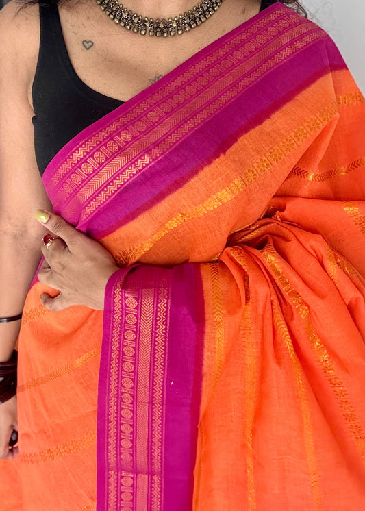 Bright orange with magenta patterned veldhaari, kattuchayam dyed, madurai cotton - YCCOTNSEMS93