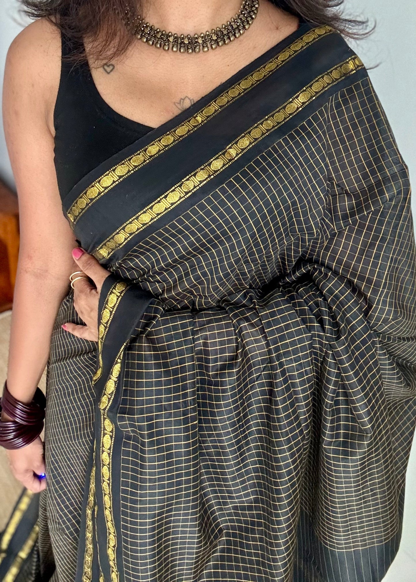 Black, arani checks, cotton silk - YCCOTNJUAR16