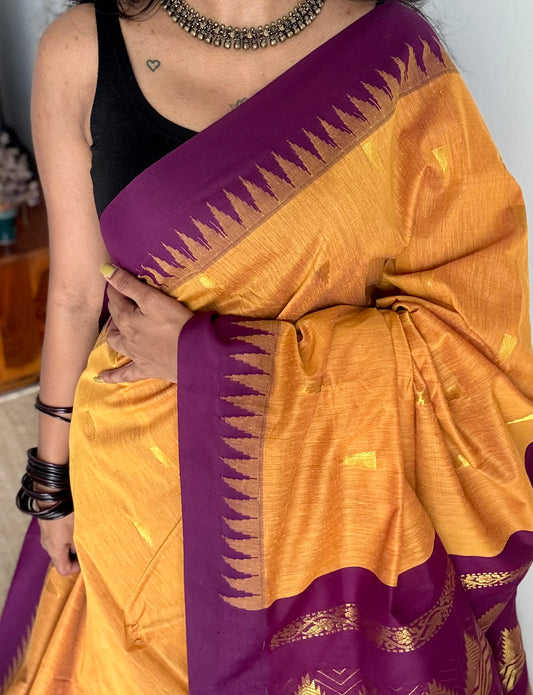 Yellow with purple pink temple border, motifs - cotton silk - YCCOTNSEKCS17