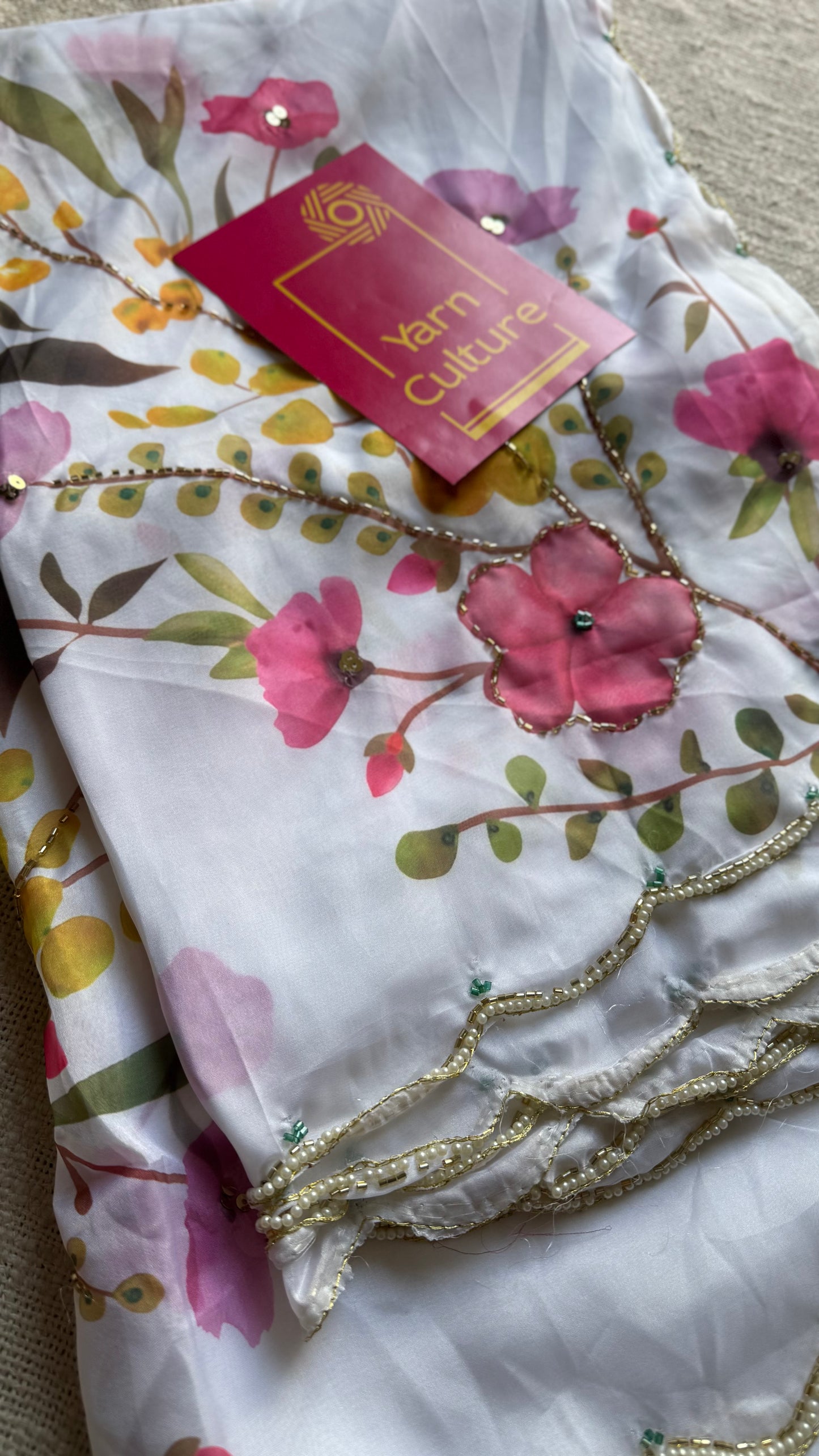 Snow Blossom - white floral handworked sequins work, tabby silk - YCDOSNO51