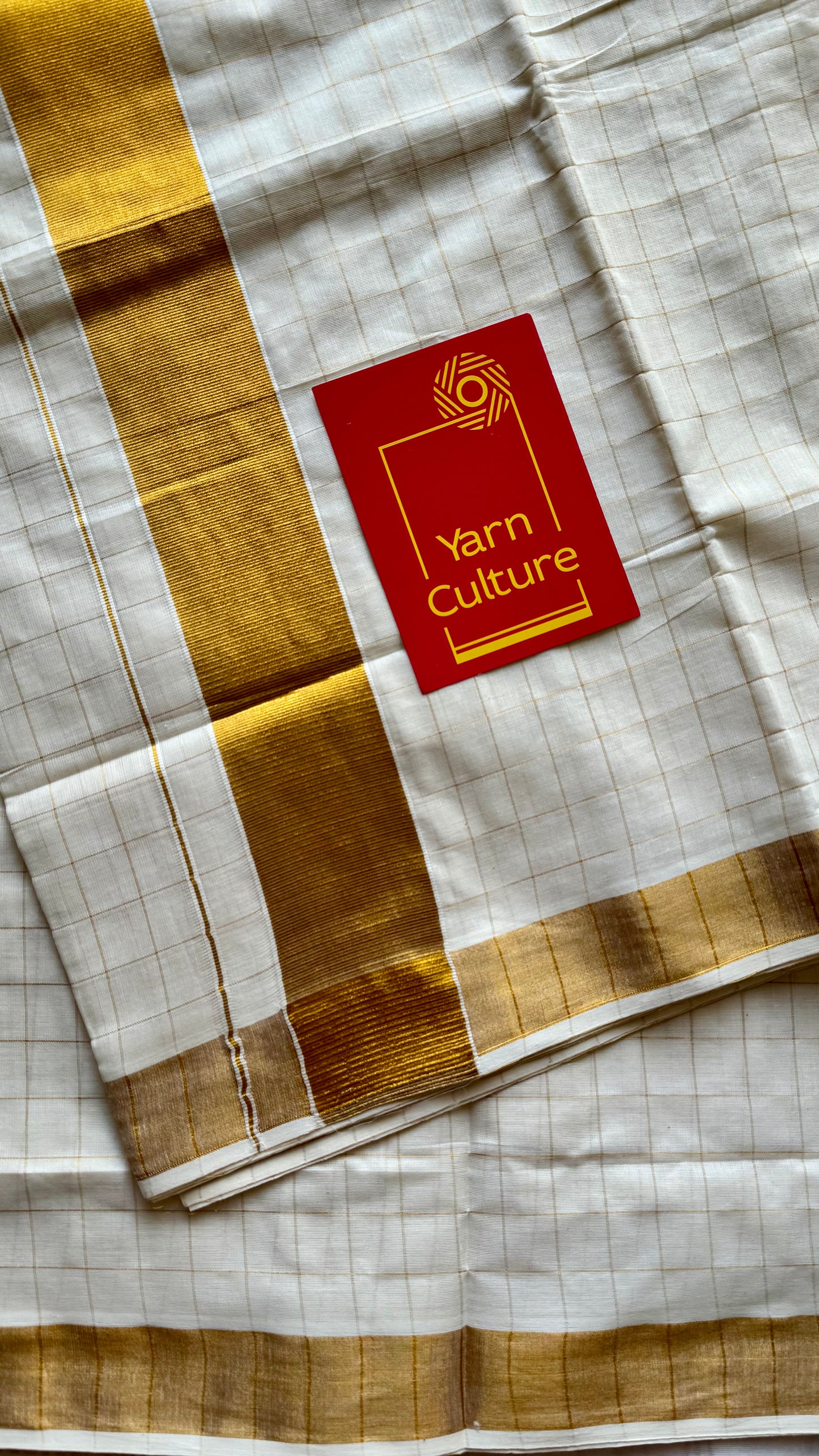 Ivory and gold soft cotton kasavu saree, checks - YCIEON79