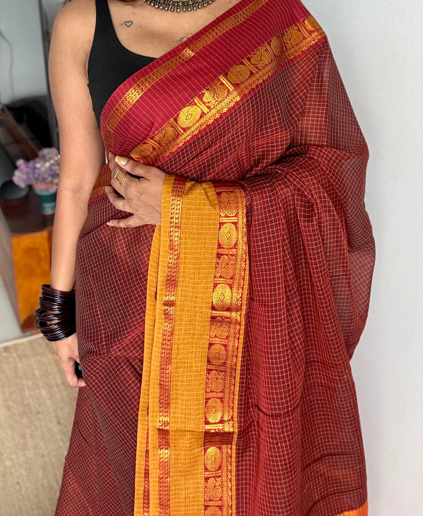 Maroon checks with red and yellow ganga jamuna borders, premium narayanpet soft cotton - YCWOTDNPJA157