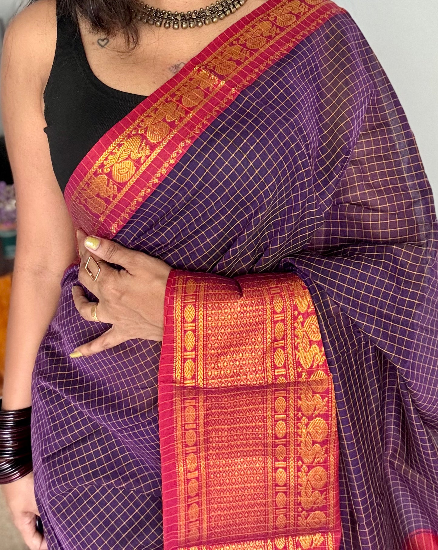 Purple checks with pink zari border, premium narayanpet, soft cotton - YCWOTDNPCFE21