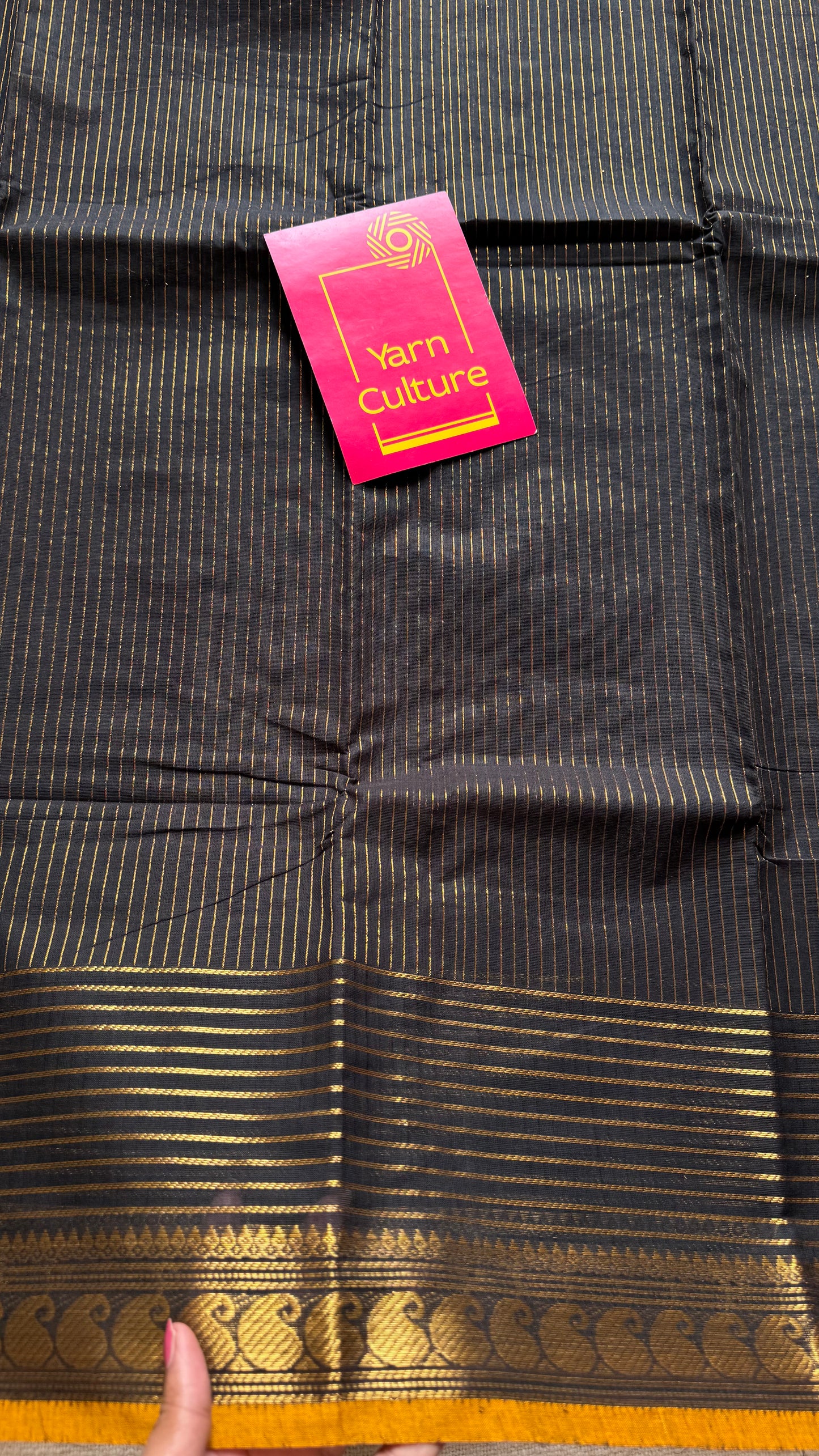 Kanchi cotton saree, black with gold stripes, paisley border - YCCOTNAP92